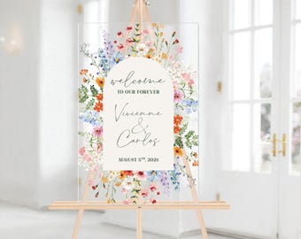 Wildflower Wedding Welcome Sign, Acrylic Wedding Welcome Sign, Acrylic Wedding Signage, Floral Wedding Welcome Arch, Wedding Entrance Sign