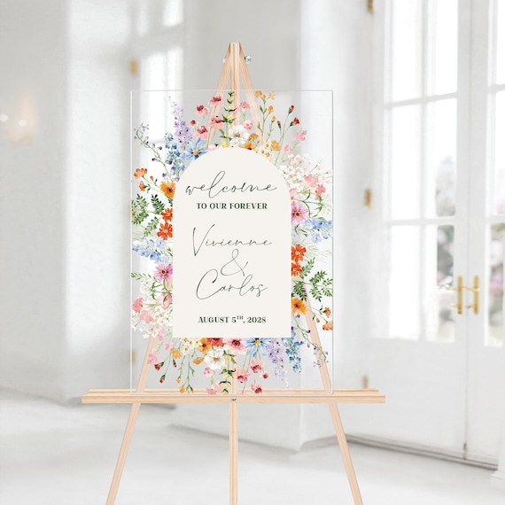 Wildflower Wedding Welcome Sign, Acrylic Wedding Welcome Sign, Acrylic Wedding Signage, Floral Wedding Welcome Arch, Wedding Entrance Sign