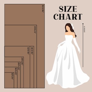 May include: A size chart graphic with dimensions in inches, next to an illustration of a woman in a white gown. The chart includes sizes such as 48x96", 39x72", 36x48", 32x48", 24x26", 20x30", 16x24", and 12x18". The text "SIZE CHART" is displayed.