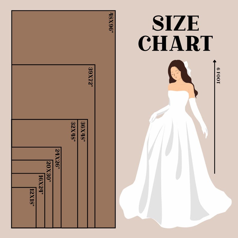May include: A size chart graphic with dimensions in inches, next to an illustration of a woman in a white gown. The chart includes sizes such as 48x96", 39x72", 36x48", 32x48", 24x26", 20x30", 16x24", and 12x18". The text "SIZE CHART" is displayed.