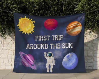 First Trip Around The Sun Birthday Banner, Custom 1st Birthday Backdrop, Personalized Tapestry