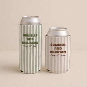 May include: Two can coolers with vertical striped patterns. One is green and white, the other is tan and white. Text on the green cooler reads "DANIELLE AND BENJAMIN June 13th, 2027". The tan cooler reads "SUMMER AND BRAXTON May 19th, 2026".