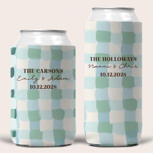 Custom Wedding Can Coolers, Wedding Favors, Watercolor Gingham Wedding Can Cooler, Personalized Wedding Can Cooler, Slim Can Cooler,