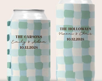 Custom Wedding Can Coolers, Wedding Favors, Watercolor Gingham Wedding Can Cooler, Personalized Wedding Can Cooler, Slim Can Cooler,