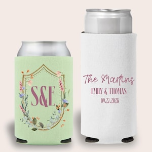 Floral Crest Wedding Can Coolers, Custom Garden Wedding Can Coolers, Personalized Cozies For Wedding Reception, Wedding Souvenir