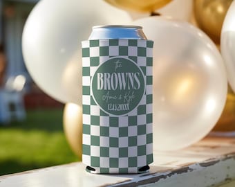 Personalized Wedding Can Cooler, Checkerboard Custom Can Cooler, Bulk Wedding Favors