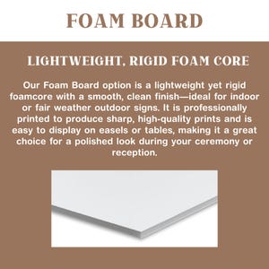 May include: White foam board with the text "FOAM BOARD" and "LIGHTWEIGHT, RIGID FOAM CORE". The board is lightweight and rigid, with a smooth finish, suitable for indoor or outdoor signs. It is professionally printed for high-quality prints.