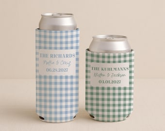 Gingham Wedding Can Cooler, Personalized Wedding Can Cooler, Slim Can Cooler, Wedding Reception Favors, Custom Can Cooler, Wedding Favor