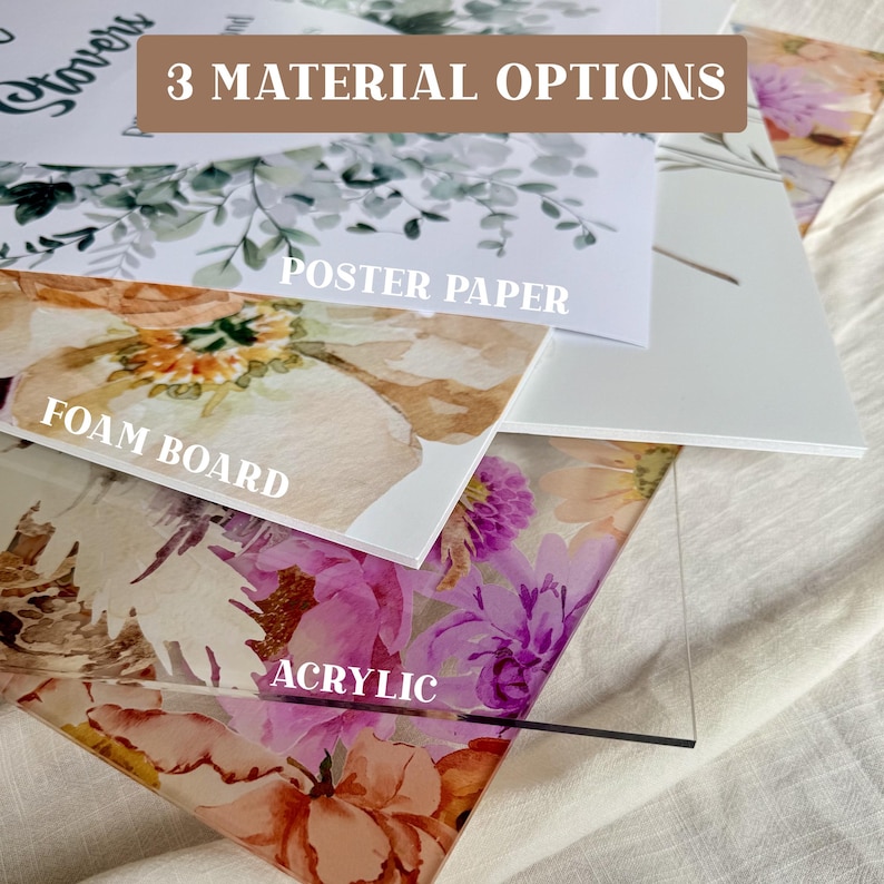 May include: An image showcasing three material options: poster paper, foam board, and acrylic. Each material displays a floral design with a variety of colors, including pink, orange, and green. The text "3 MATERIAL OPTIONS" is visible at the top.