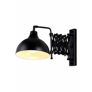 May include: Black wall-mounted lamp with a dome-shaped shade and an adjustable, accordion-style arm. The lamp is mounted on a rectangular base and is designed for directional lighting. The interior of the shade is a light color.
