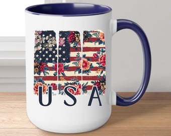 Taza de café del 4 de julio, taza con bandera de EE. UU. y diseño floral - Regalo patriótico del 4 de julio, taza de café del 4 de julio