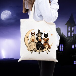 Vintage Halloween Witch Tote Bag, Spooky Ghost & Black Cat Mug, Crescent Moon Halloween Tote Bag, Cute Fall Halloween Gift for Women