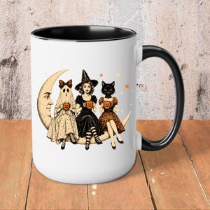 Vintage Halloween Witch Coffee Mug, Spooky Ghost & Black Cat Mug, Crescent Moon Mug, Cute Fall Halloween Gift for Women