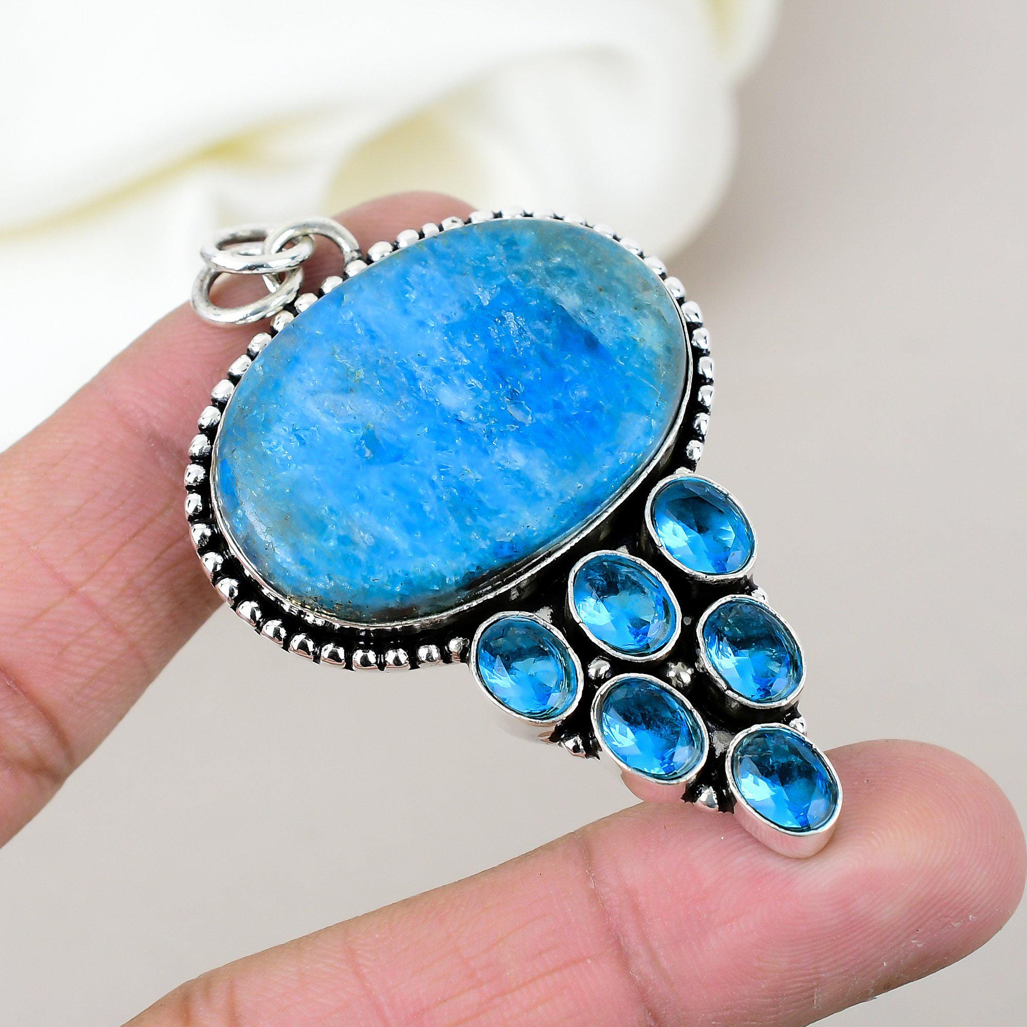 天然ブルーネオンアパタイトペンダント 925ソリッドスターリング