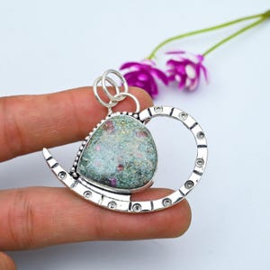 Ruby Fuchsite Kite Shape Pendant, Sterling Silver Plated, Antique Vintage Style Necklace