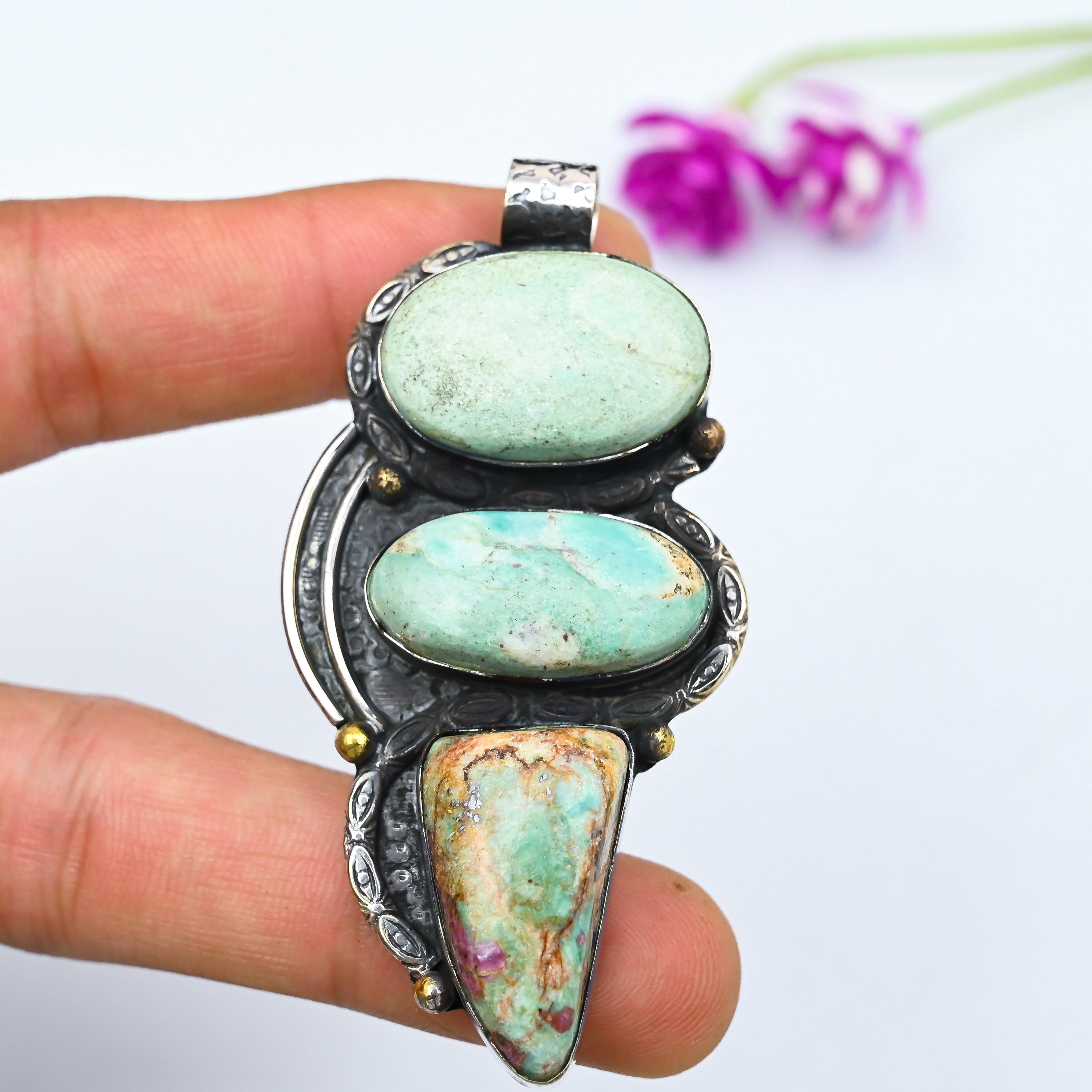Pendentif Main En Argent 925 Avec Fuchsite Rubis - Collier 18 Pouces, Pierre Naturelle !