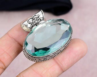 Aquamarine Gemstone Silver Plated Pendant, Handmade Vintage Style
