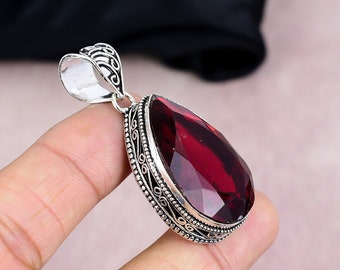 ヴィンテージ風 赤色宝石 ペンダント レッドガーネット宝石ハンドメイド925シルバーメッキペンダントペア