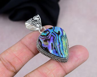 Abalone Shell Pendant, Handmade 925 Silver Plated, Antique Style