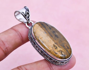 Handmade Maligano Jasper Pendant, 925 Sterling Silver, Vintage Style