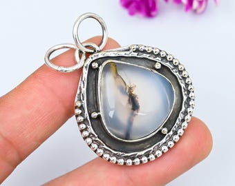 Dendrite Agate Pendant, Handmade 925 Sterling Silver, Vintage Style