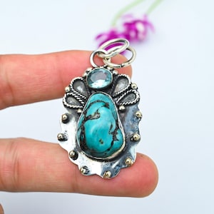 925 Starling Silber Anhänger, Türkis Edelstein Anhänger Schmuck, Schöne Blaue Topas Designer Anhänger Geschenk für Frau, feinen Anhänger Schmuck