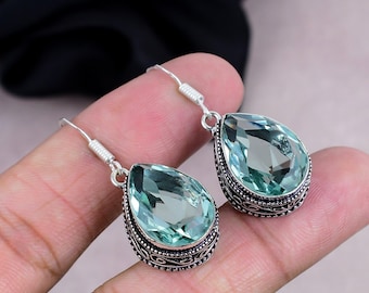 Aquamarine Earrings Aquamarine Gemstone Handmade 925 Silver Plated Antique Earrings, Adjustable Earrings, Anniversary Gift For Women&#39;s