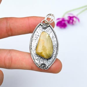 Natural Yellow Lace Agate Gemstone Pendant, 925 Sterling Silver Handmade Pendant, Beautiful Yellow Lace Agate Statement Jewelry Father Gift