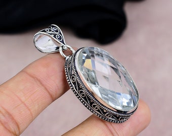 Collier Bijou Fait Main Avec Topaze Blanche Facettée - Argenté, Lab Créé, Longueur 18 Pouces