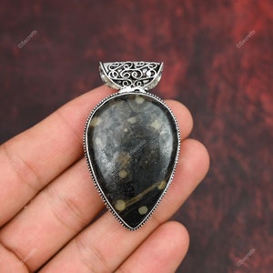 Black Fossil Boho Silver Handmade Antique Pendant Pendant, Black Pendant, 925 Silver Plated Jewelry, Wedding Gift, Pendant For Mother