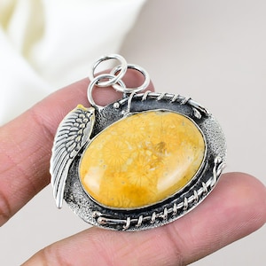 Fossil Coral Gemstone Pendant, Fossil Coral Pendant, 925 Sterling Silver Pelted, Wholesale Fossil Coral Gemstone Pendant Lot, Gift for Her