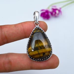 Natural Tiger Eye Gemstone Silver Pendant, 925 Sterling Silver Pendant, Handmade Necklace, Bohemian Pendant, Vintage Pendant Gift For Her