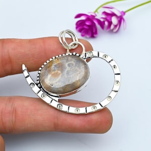Natural Fossil Coral Gemstone Pendant 925 Sterling Silver Pendant, Fossil Coral Pendant Handmade Statement Pendant Necklace Birthday Gifts