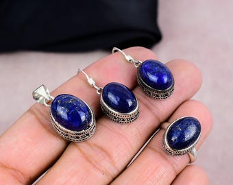 Lapis Lazuli Jewelry Set, 925 Silver Plated Pendant Earrings Ring