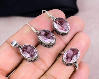 Pink Kunzite Jewelry Set, Lapis Lazuli Gemstone Handmade 925 Silver Plated Jewelry Set For Gifts, Perfect Special Event Wedding Gifts