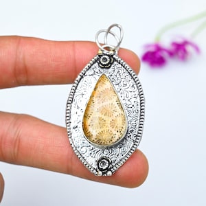 Natural Fossil Coral Gemstone Pendant, Handmade Silver Pendant, 925 Sterling Silver Pendant, Beautiful Fossil Coral Jewelry Wadding Gift