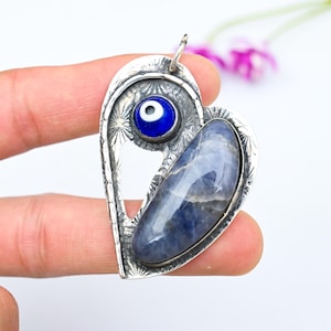 Natural Sodalite Pendant Handmade Pendant 925 Sterling Silver Pendant Vintage Jewelry Evil Eye Gemstone Statement Pendant Gift For Wadding