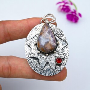 Palm Root Agate Kite Pendant, Sterling Silver Plated, Red Ruby Accent, Vintage Bohemian Necklace