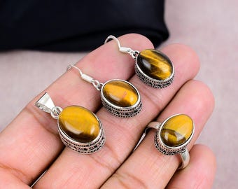 Conjunto de joyas de ojo de tigre, colgante, pendientes y anillo chapados en plata 925.