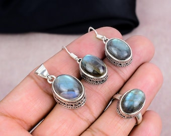 Labradorite Jewelry Set, Lapis Lazuli Gemstone Handmade 925 Silver Plated Jewelry Set For Gifts, Perfect Special Event Engagement Gifts