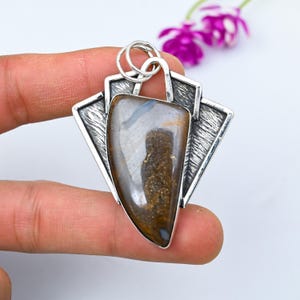 Dainty Boulder Opal Gemstone Pendant, 925 Sterling Silver Pendant Boulder Opal Statement Necklace Handmade Silver Jewelry Anniversary Gift