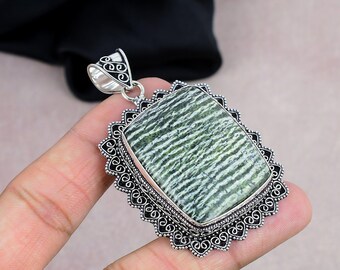 Handmade Swiss Green Opal Pendant, 925 Silver Plated, Antique Style