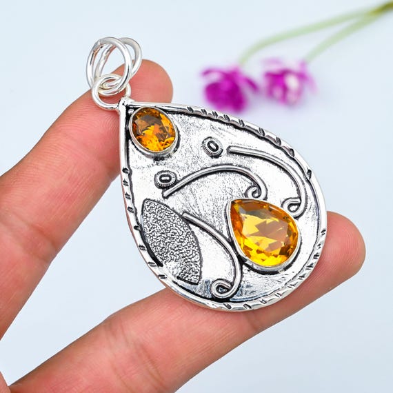 Citrine Gemstone Pendant 925 Sterling Silver Pendant Gemstone