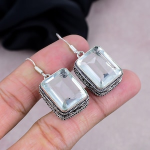 White Topaz Earrings White Topaz Gemstone Handmade 925 Silver Plated Antique Earrings, Adjustable Earrings, Silver Jewelry Earrings