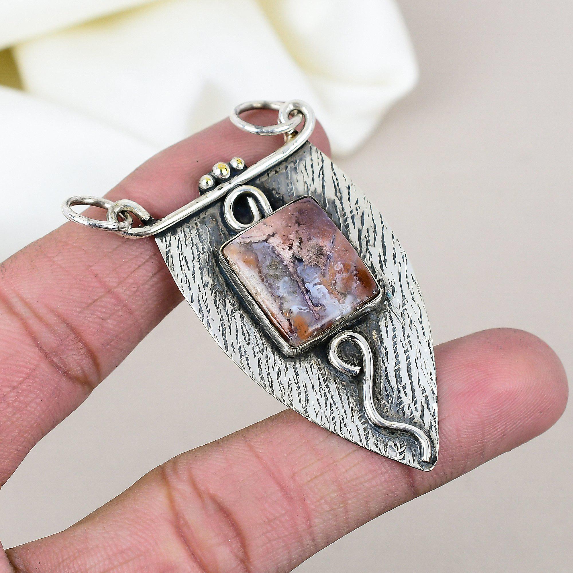 Natural Laguna Lace Agate Gemstone Pendant, Handmade Statement Pendant, 925 Sterling Silver Pendant, Laguna Lace Agate Pendant Party Gifts
