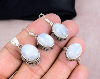 Antikes Schmuckset aus Mondstein und Lapislazuli, verziert mit aufwendigen Metallarbeiten aus 925er Sterlingsilber