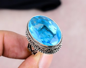 Handmade Swiss Blue Topaz Ring, 925 Silver Sterling, Adjustable