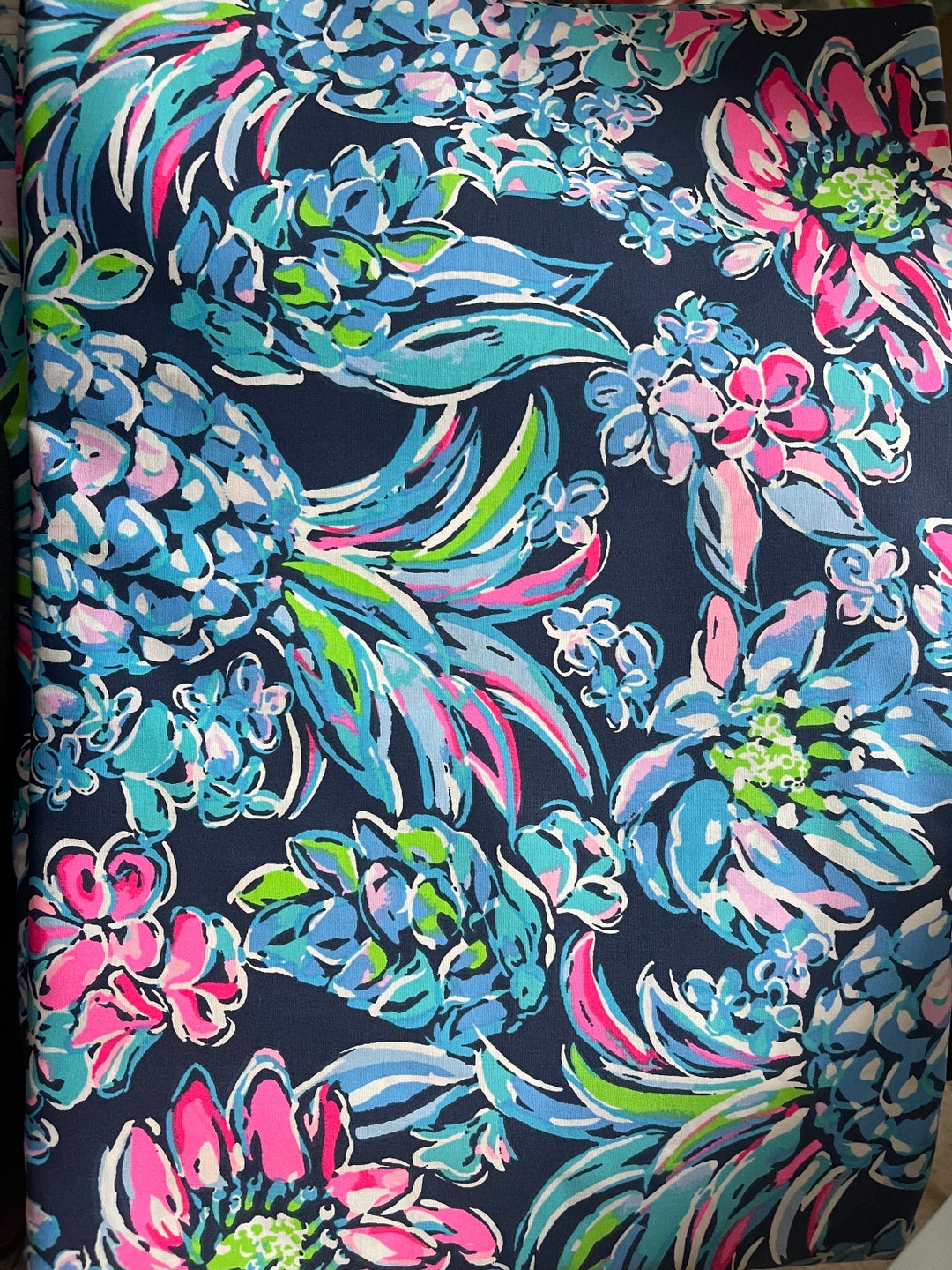 Navy and Pink Flower Cotton Fabric Preppy 9x18 or 18x18 FQ Fat Quarter