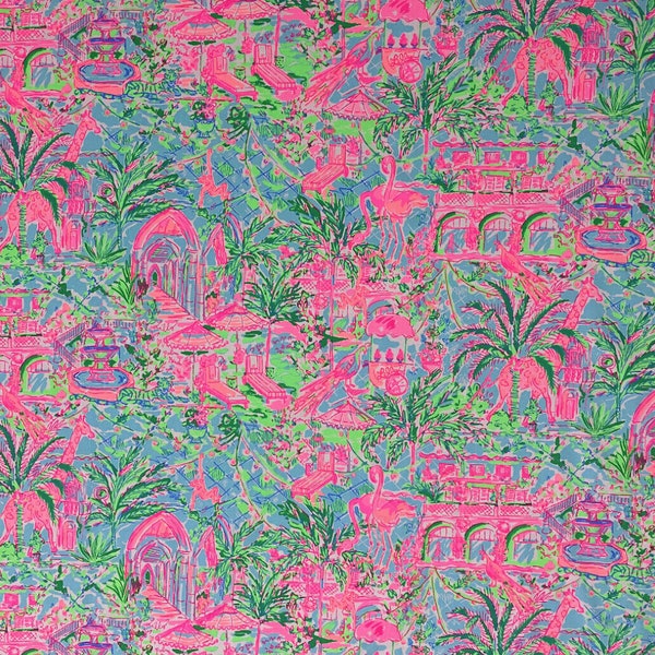 Pink and green toile cotton fabric preppy 9x18 or 18x18 FQ fat quarter 1 yard