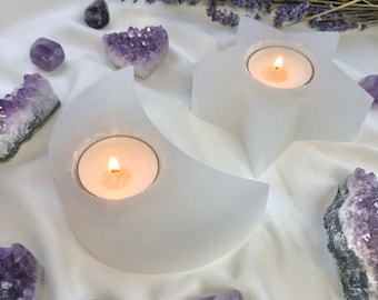 Selenite Star and Moon Tea Light Candle Holder Set